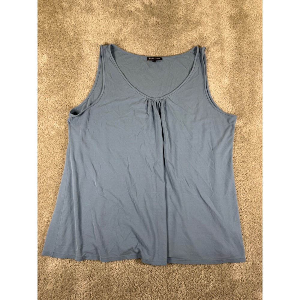 Eileen Fisher Silk Tank Top XL Blue Gray Pleated Scoop Neck Sleeveless Jersey